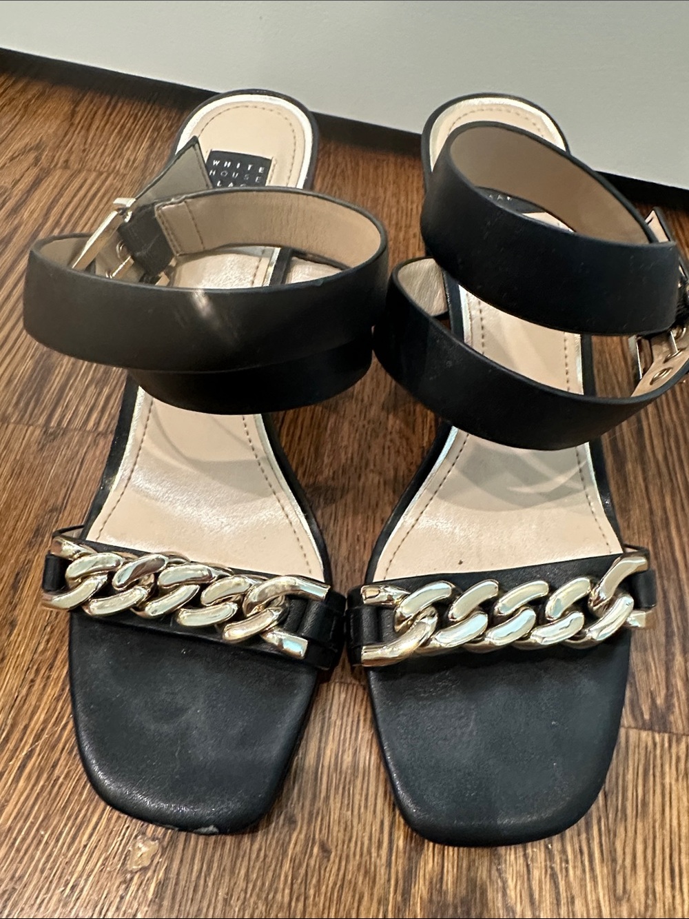 White House Black Market Black Sandal Heels with Gold Chain Accent